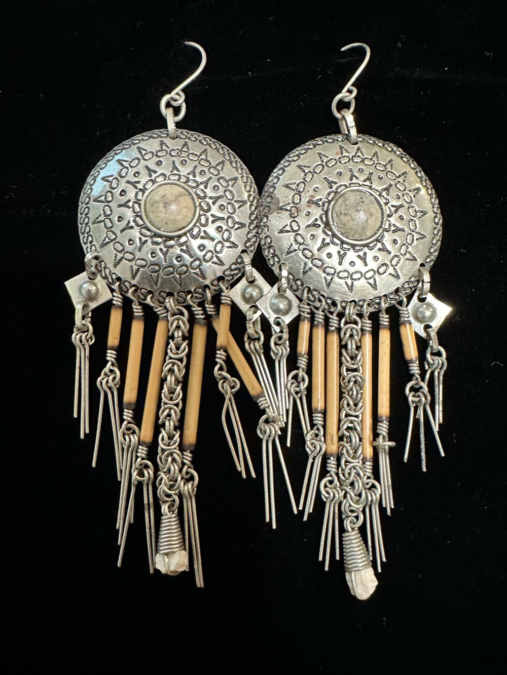 Vintage Bohemian Silver-Tone Fringe Concho Earrings with Tan Accents Tribal - Picture 2 of 5